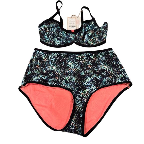 NWT BRAVISSIMO San Diego Print Bralette 2-piece Bikini size 32F / L / Underwire - Picture 1 of 6